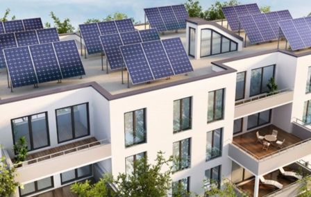 Housing society rooftop panels close-up